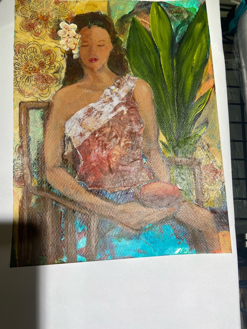 Hand-Painted Tropical Woman Mixed Media  Acrylic  Art– Red, Green, Blue - Picture 7 of 9
